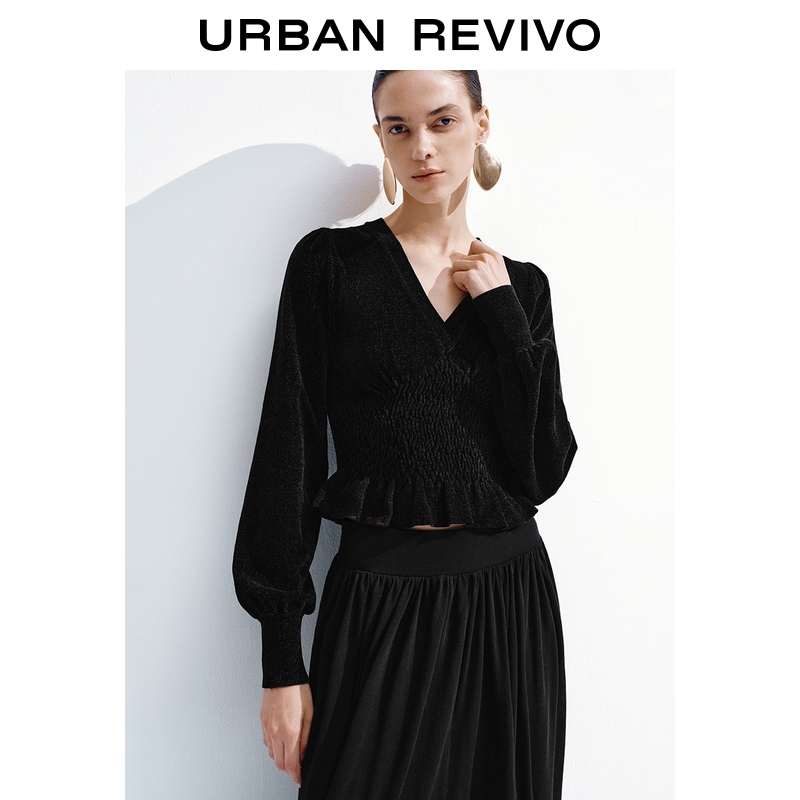 UR2025秋季新款女装魅力肌理感V领泡泡袖雪尼尔绒织衫UWG950263
