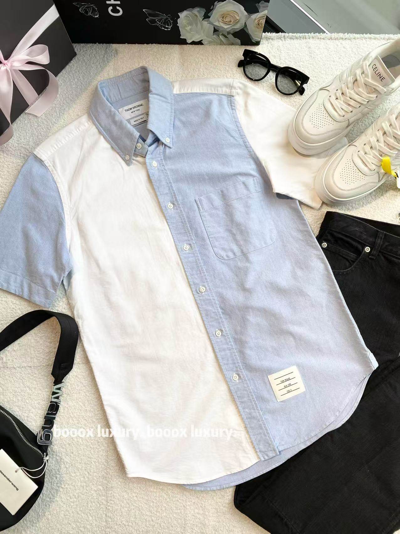 95新 THOMBROWNE xw191 棉 蓝白撞色拼接翻领短袖衬衫 0码