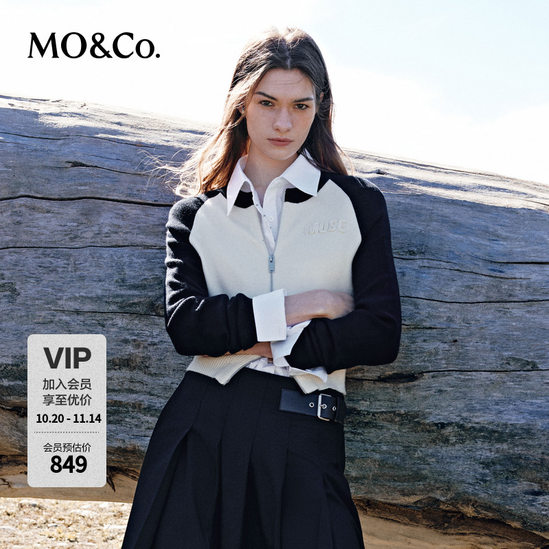 MOCO可机洗绵羊毛美式风撞色插肩袖针织开衫MBD3CARK05