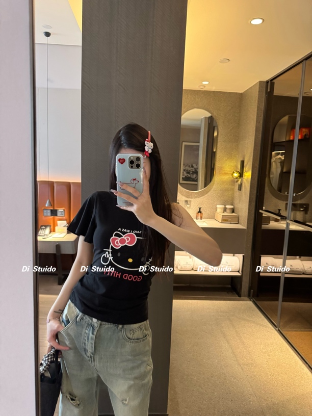 夏季蓝色像素kt印花正肩短袖T恤宽松休闲少女上衣