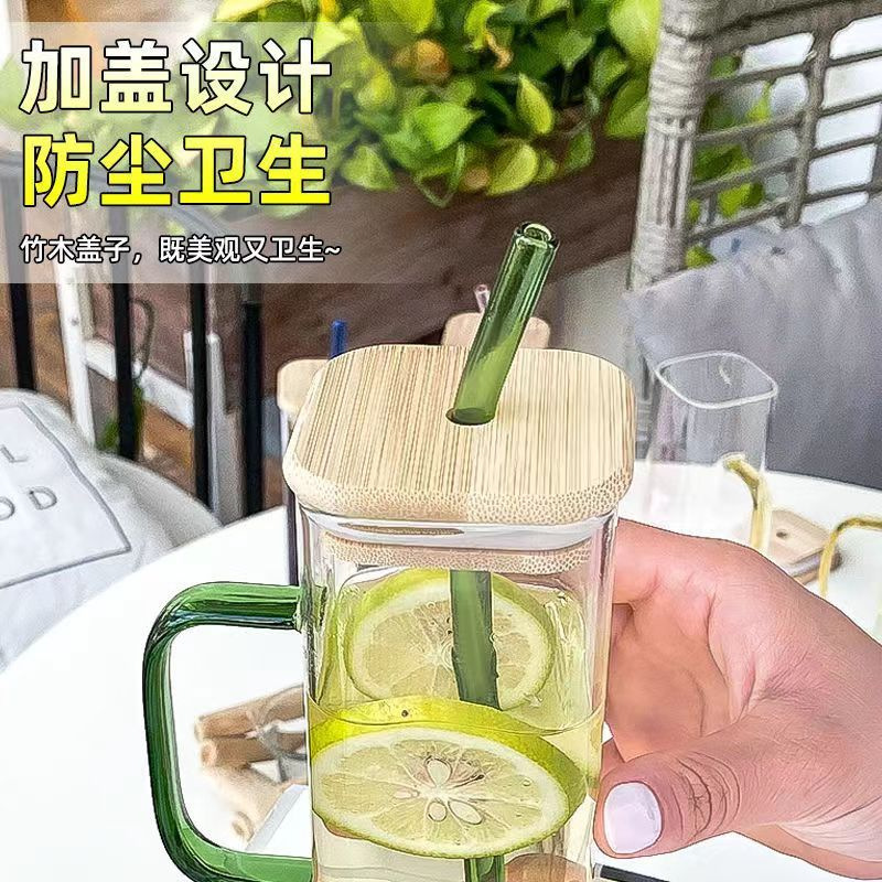 #理想ins风方形玻璃吸管杯带把手家用高颜值水杯耐高温可加热杯子