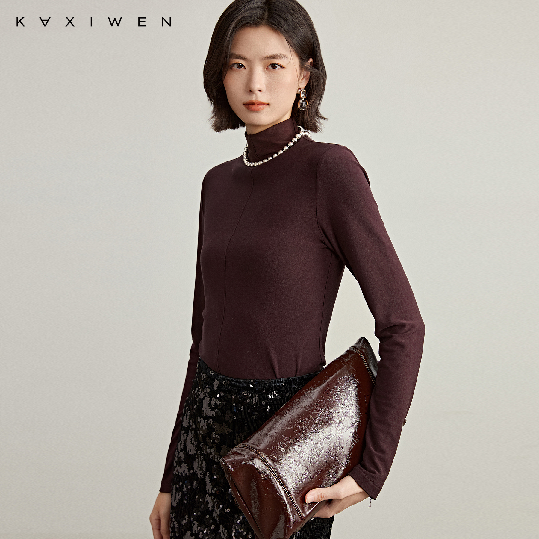 佧茜文半高领百搭打底衫【冬新】慵懒舒适软糯修身上衣女D10BXW9039