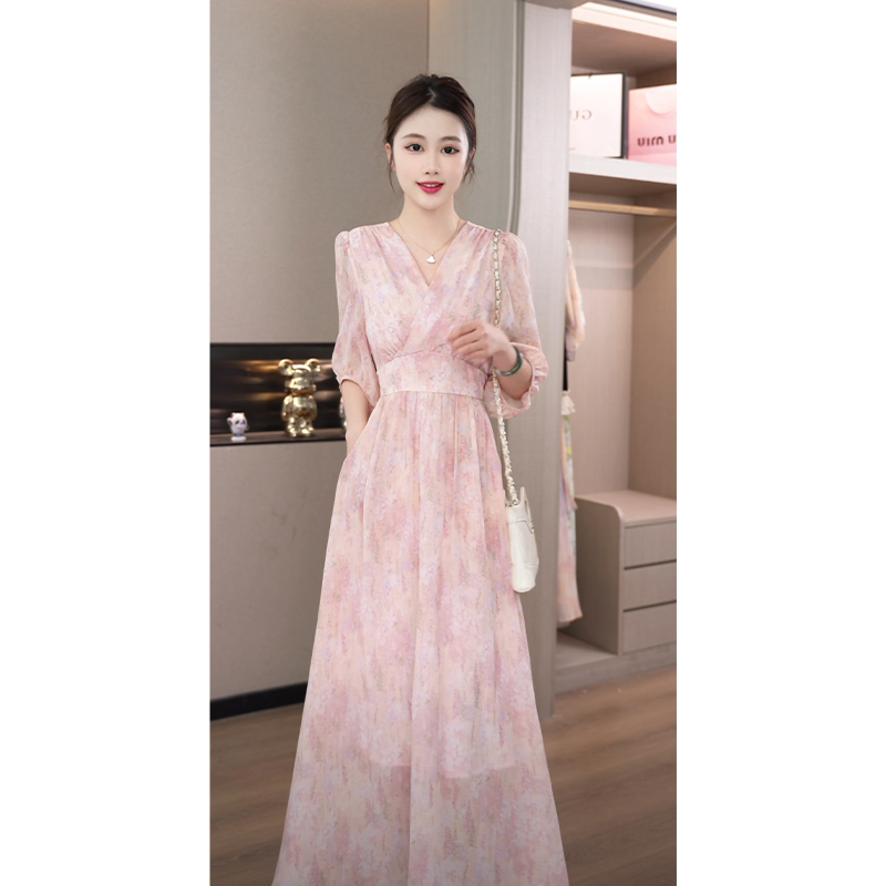 【琪琪穿搭】璎珞粉系列碎花连衣裙女温柔风显瘦收腰清新长款裙子