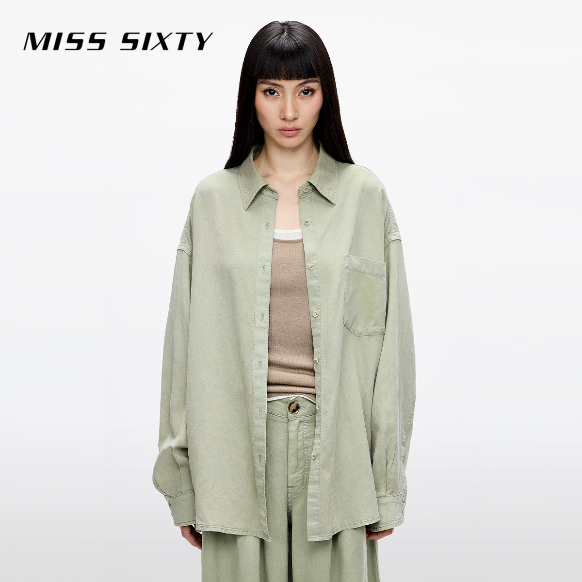 Miss Sixty2025春季新款长袖牛仔衬衫女宽松中长款莱赛尔简约纯色