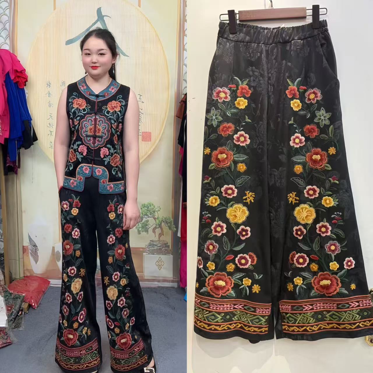 【爱漂亮】新中式春秋季新款重工刺绣绣花直筒微阔腿裤大码妈妈装女