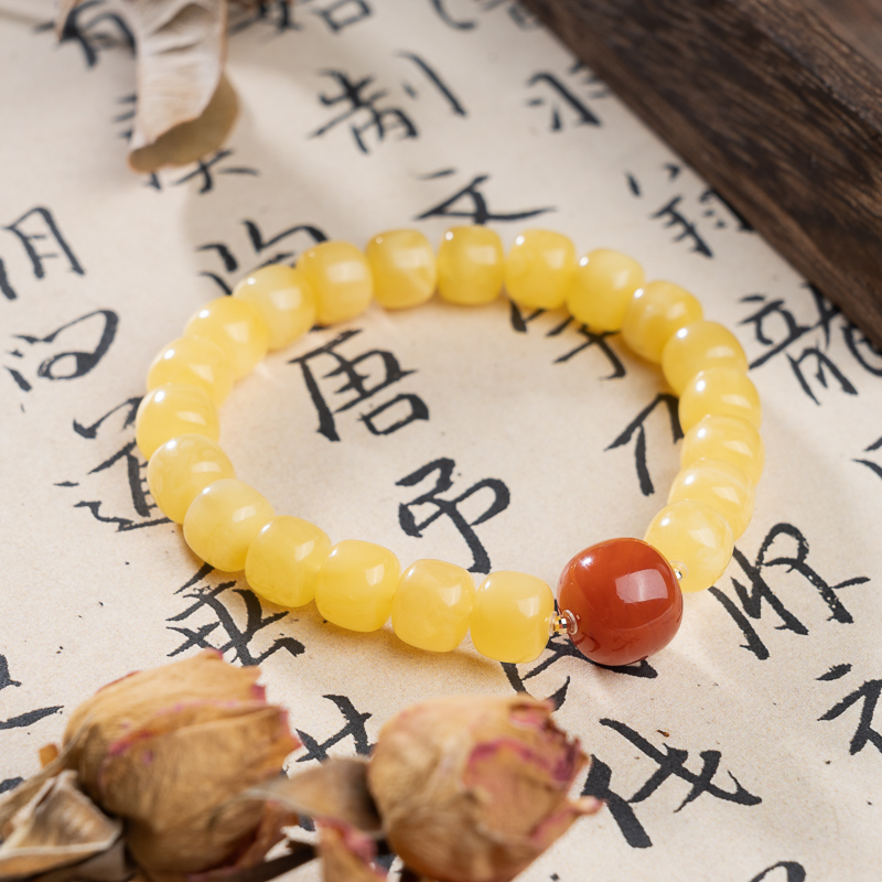 蜜蜡9*8mm桶珠南红银饰单圈手串新中式国风手串