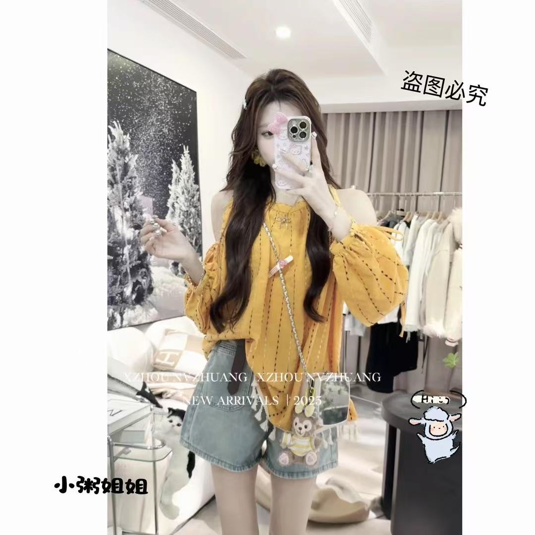 【XZ002】橘黄色圆领露肩衬衫女2025夏季新款时尚设计感上衣