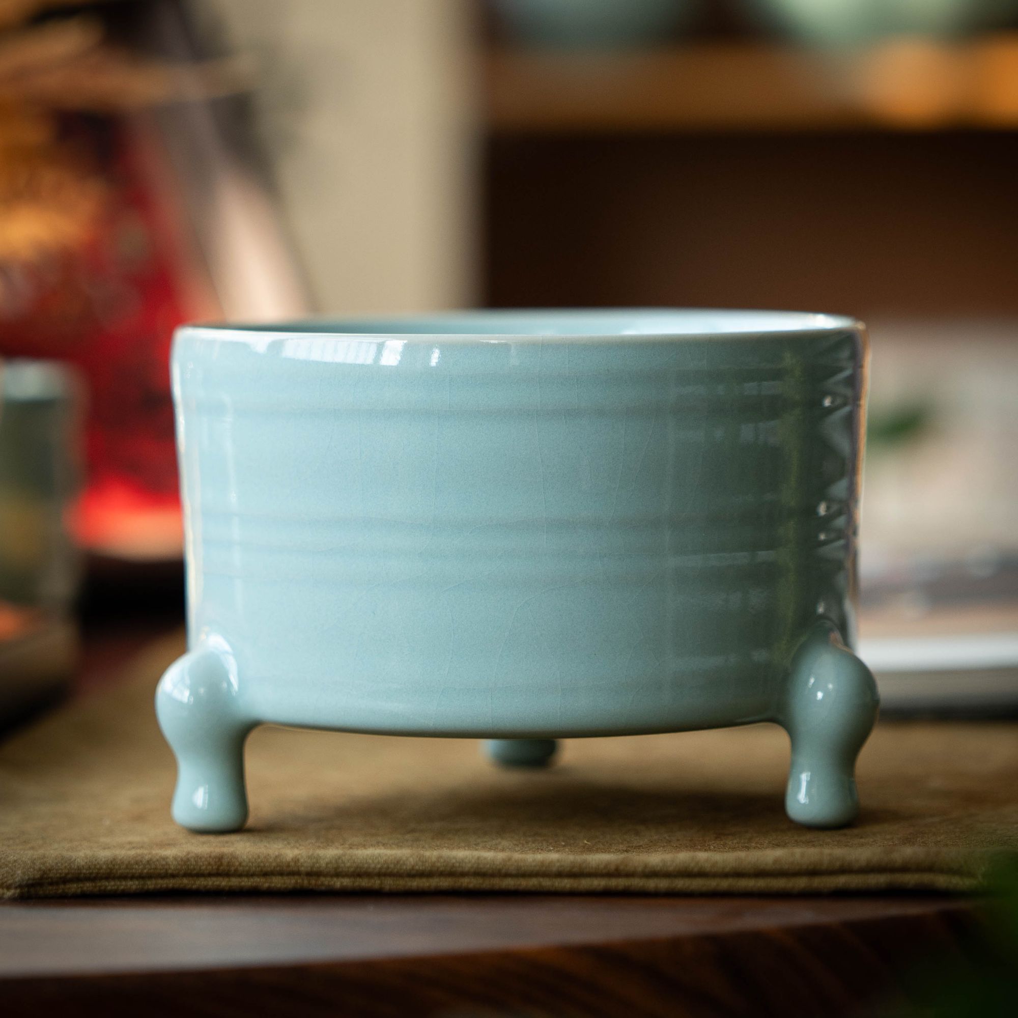 简匠汝窑当代汝州原矿汝瓷天青三足奁玄纹樽摆件礼品摆件