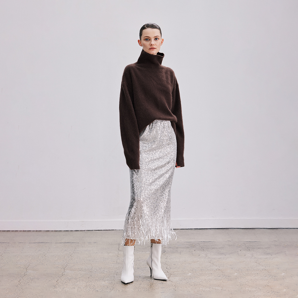 QIQIFUR 重工珠片礼服半裙春夏新款流苏珠片时髦直筒半身裙子女