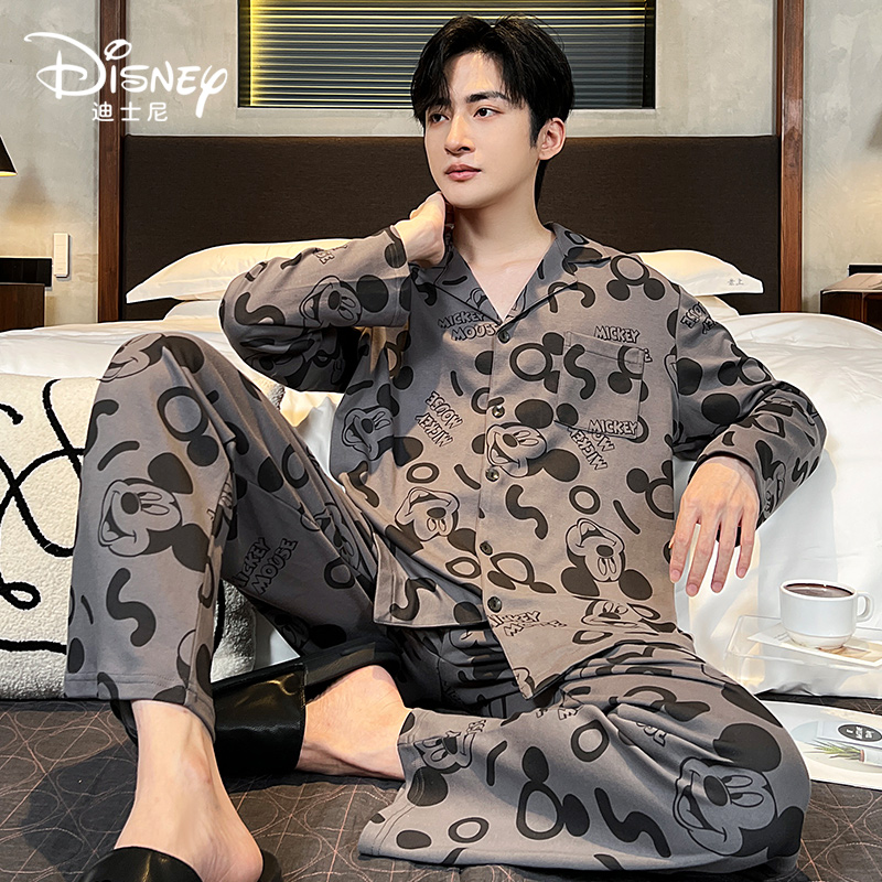 Disney/迪士尼开衫情侣睡衣纯棉米奇舒适休闲家居服套装0088男款