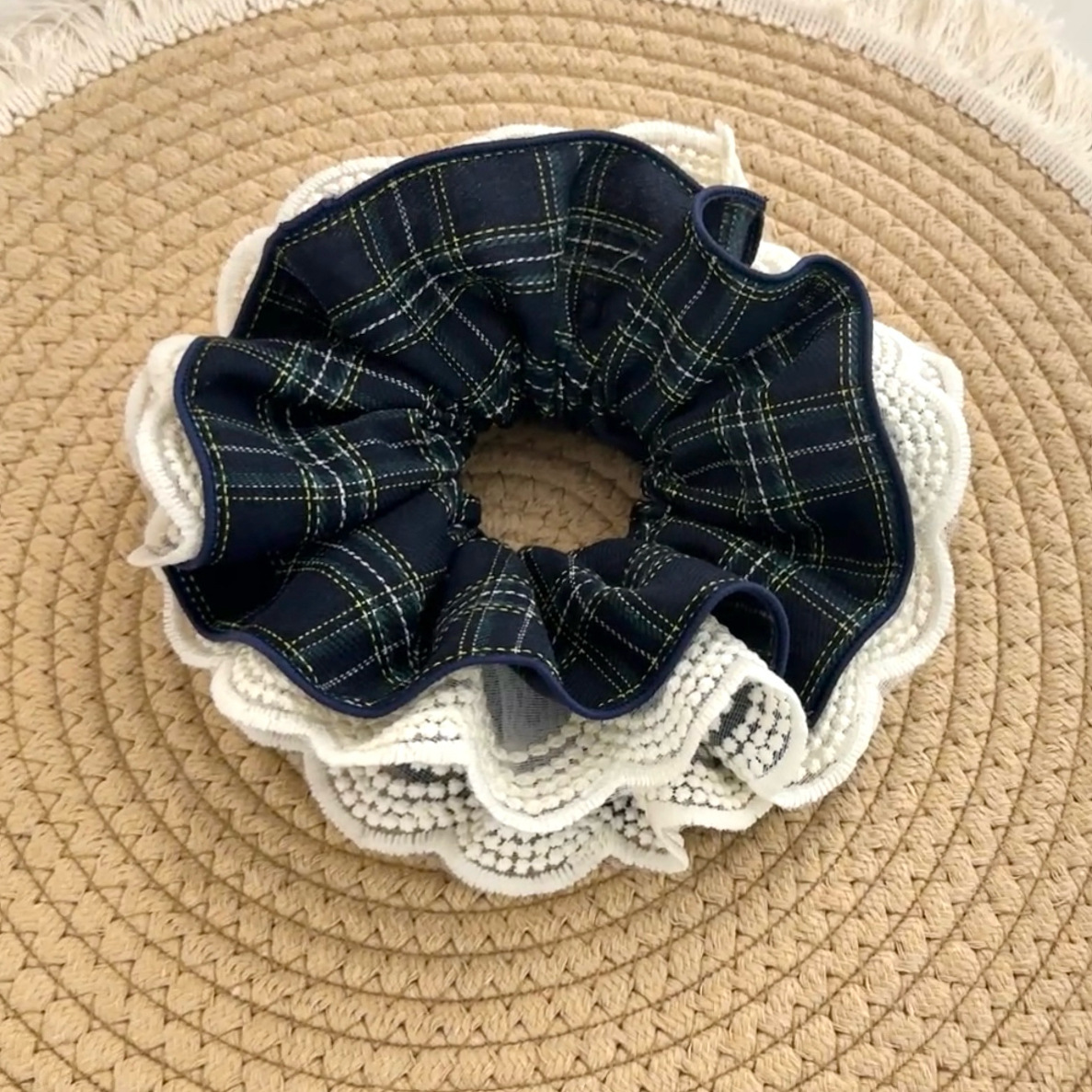 韩国蓝绿色系列奶油小众格子大肠发圈低马尾丸子头绳女高级感头饰