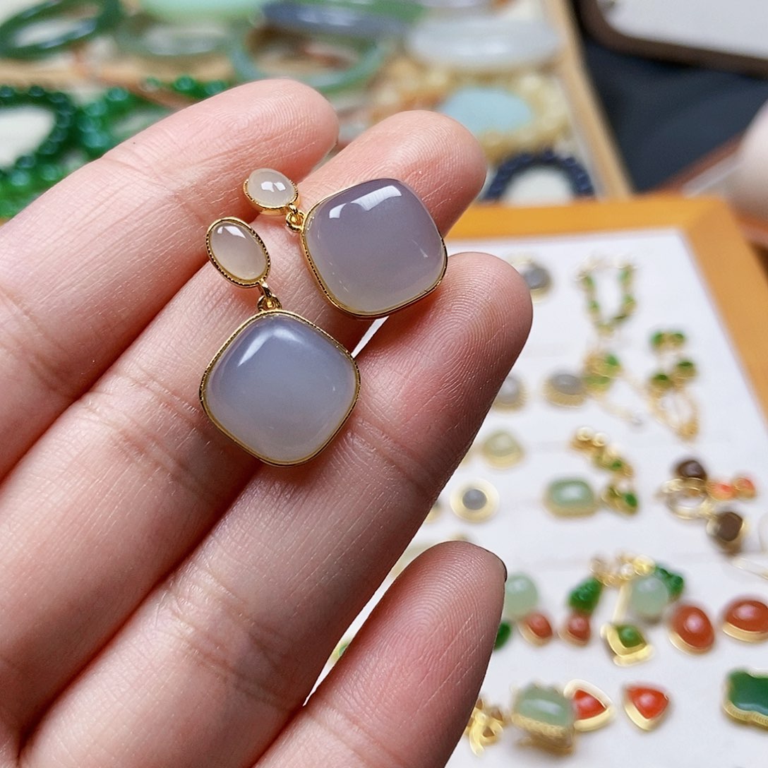 和田玉耳饰银S925镶嵌