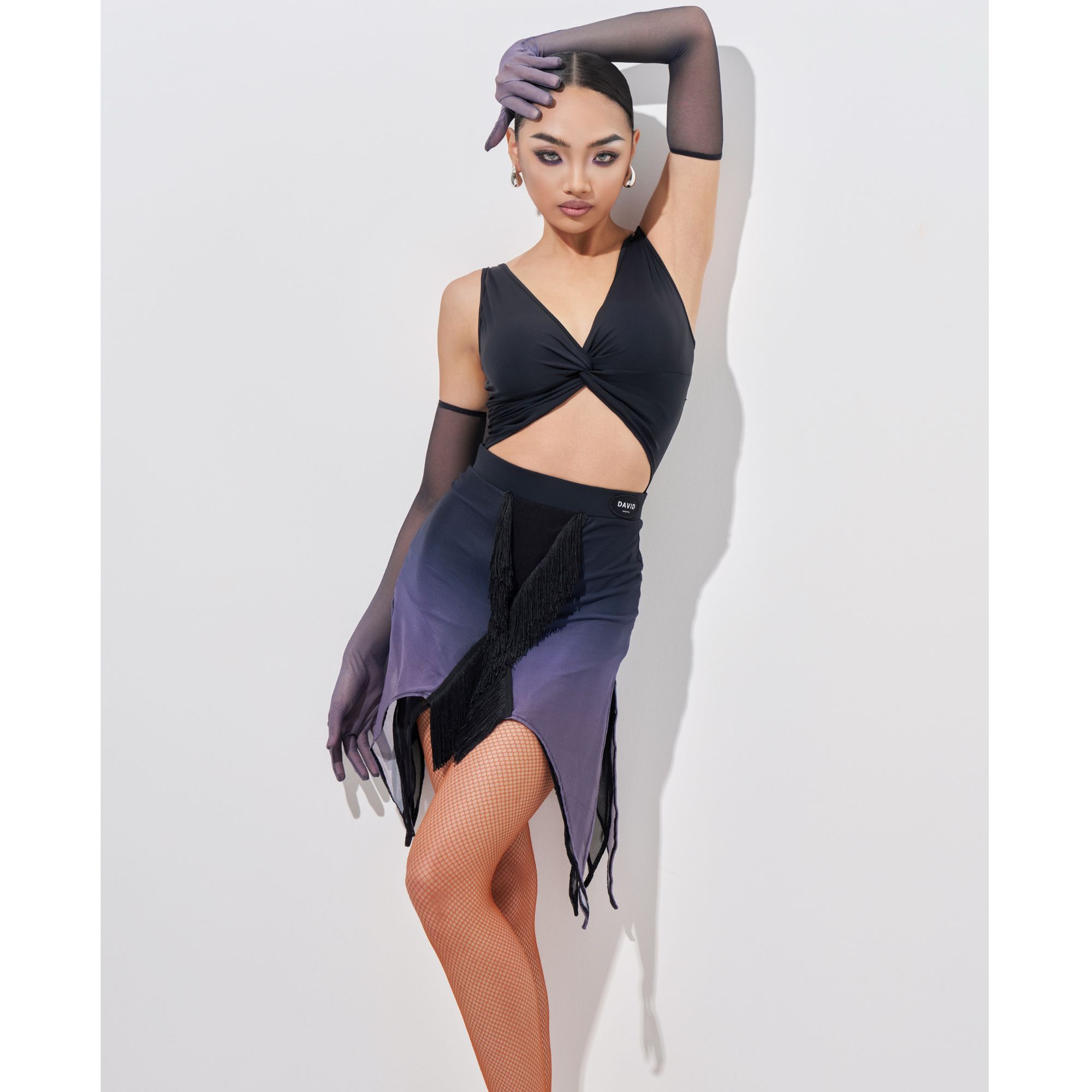 DAVID【半身裙】女士拉丁舞练习服黑紫渐变流苏开叉碎片裙DW246
