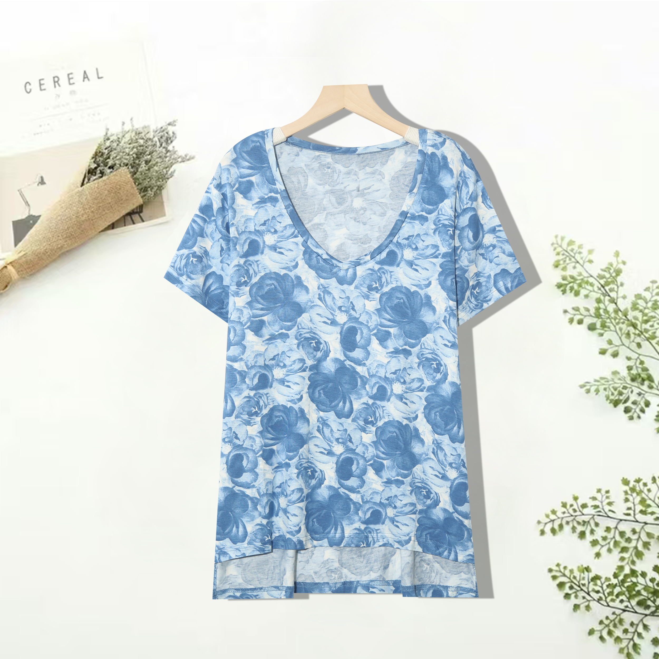 夏季女士日系港味时尚v领短袖开叉t恤宽松上衣潮流舒适上衣女N70