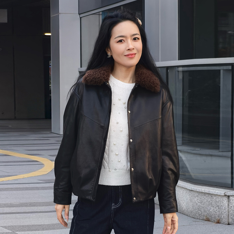 2025新款绵羊皮夹克加厚保暖鹅绒真皮皮衣休闲外套女 JR292-HD