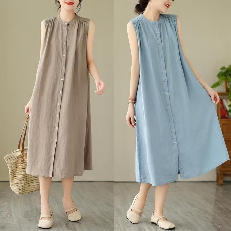 纯色无袖裙子棉麻衬衫夏季气质显瘦宽松休闲纯色连衣裙棉麻连衣裙