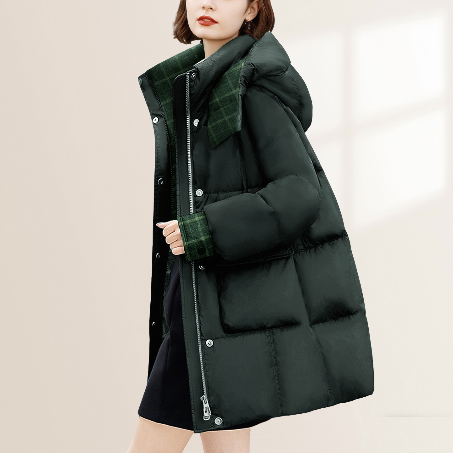【炳瀚】衣舍胖mm大码女装格纹拼接25冬复古中长外套BH425WER16986