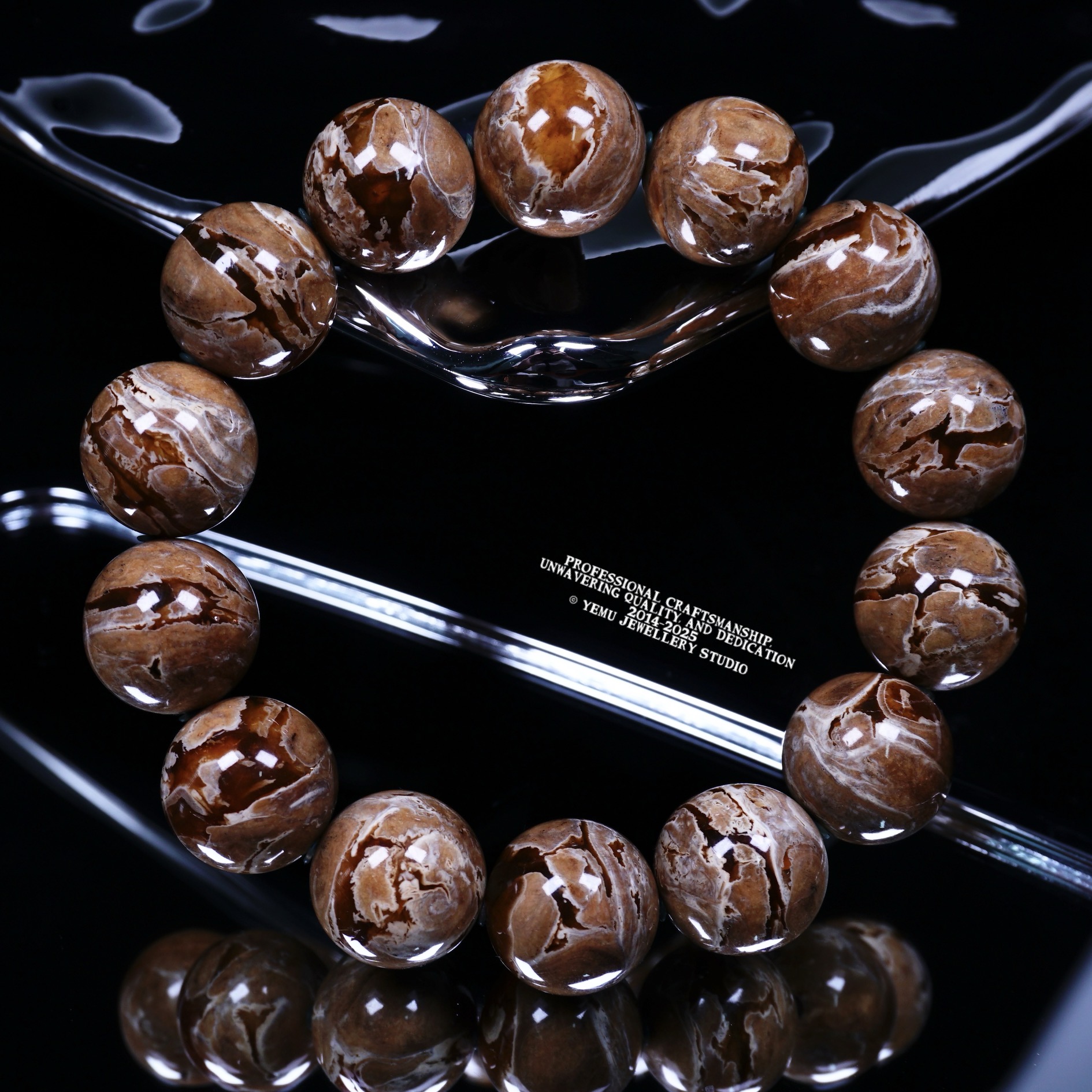 同料16毫米缅珀溶洞妖孽圆珠手串 一物一拍 天然缅珀琥珀蜜蜡