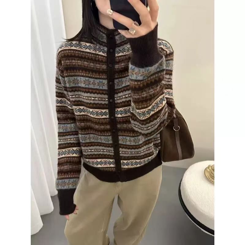 【布梵】女毛针织衫复古针织开衫秋冬毛衣拼色毛衫