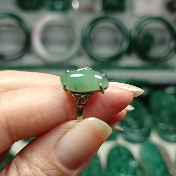 独山玉戒指银S925镀金镶嵌