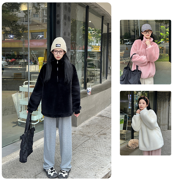 【现货+运险】T001毛毛加棉加厚套头宽松百搭美式卫衣极简风外套女