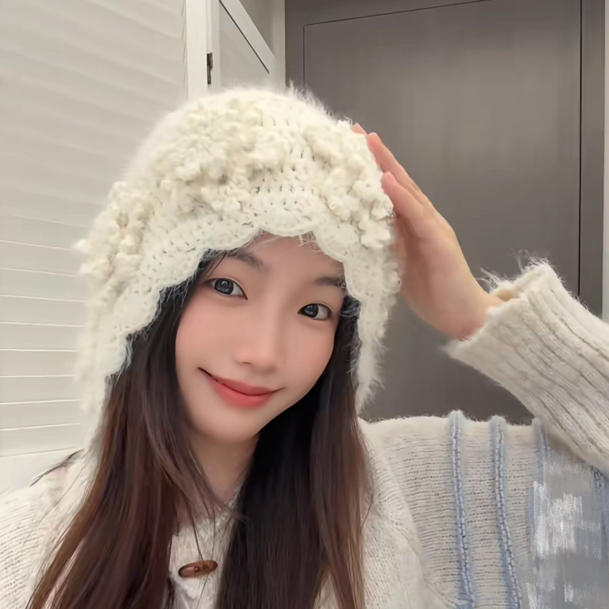 羊毛线手工编制雪花帽子雪绒线水母流苏长毛护耳帽diy编制材料包