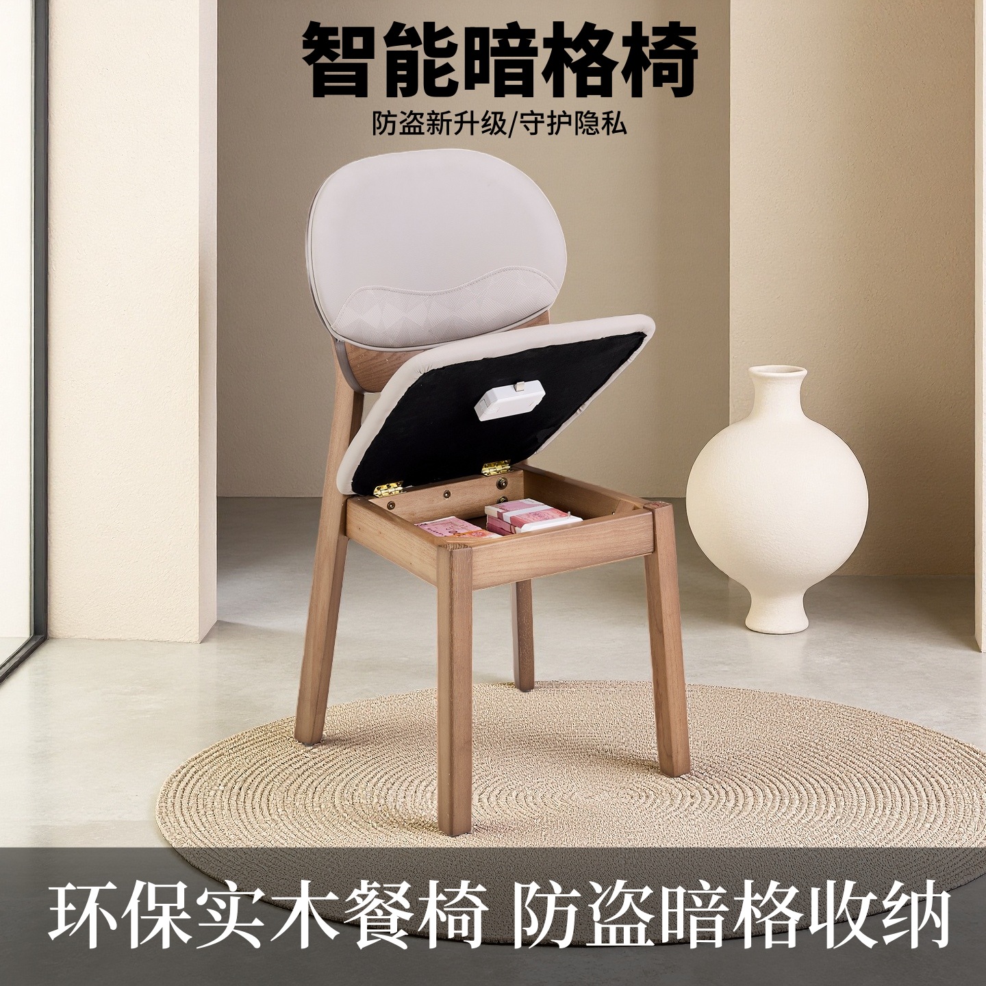 橡胶实木暗格椅防潮防霉餐桌书房两用隐藏储物设计无扶手不占空间