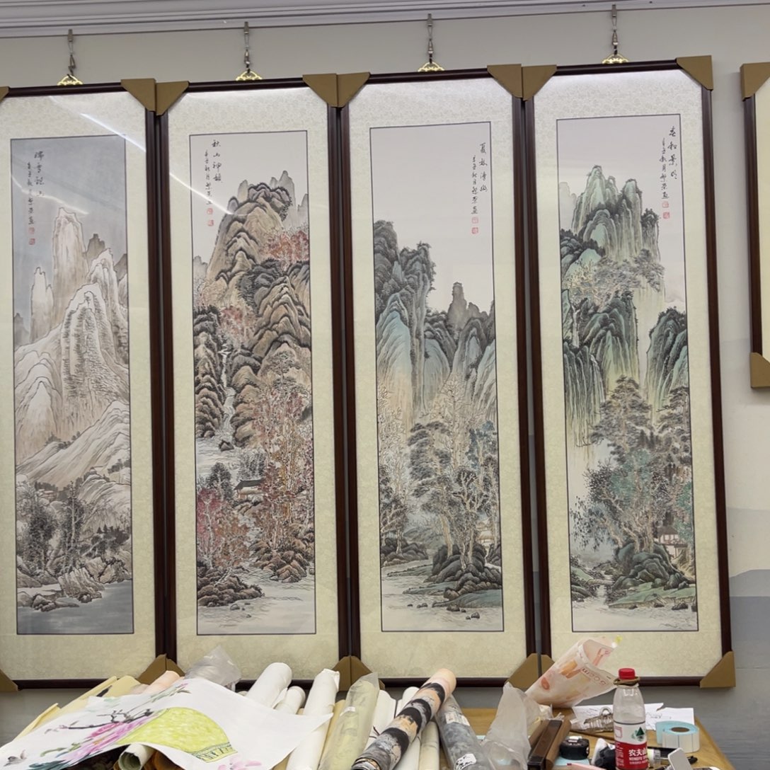 国画春夏秋冬四条屏山水画框164×196