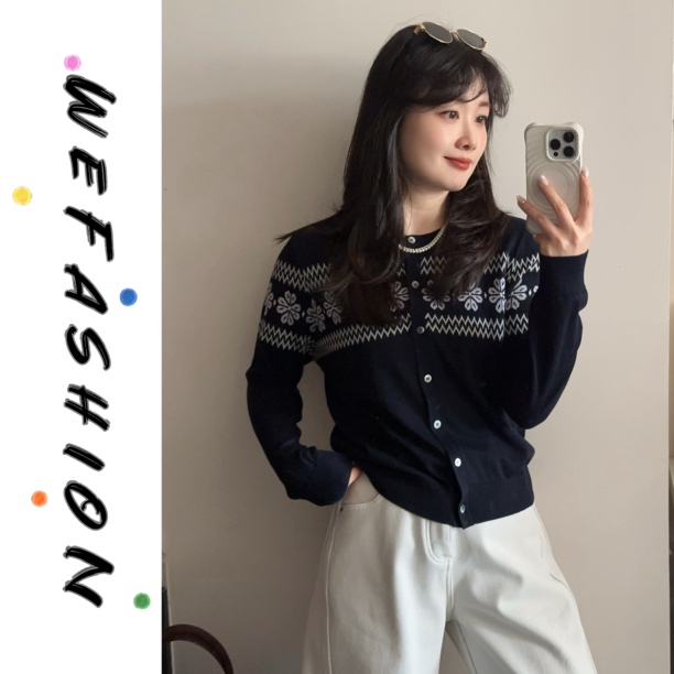 【WE】韩系ins简约圆领提花针织开衫