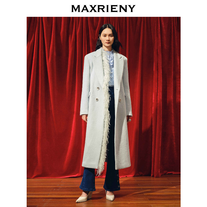 【达人专属】MAXRIENY优雅羽毛廓形大衣2023冬款马海毛外