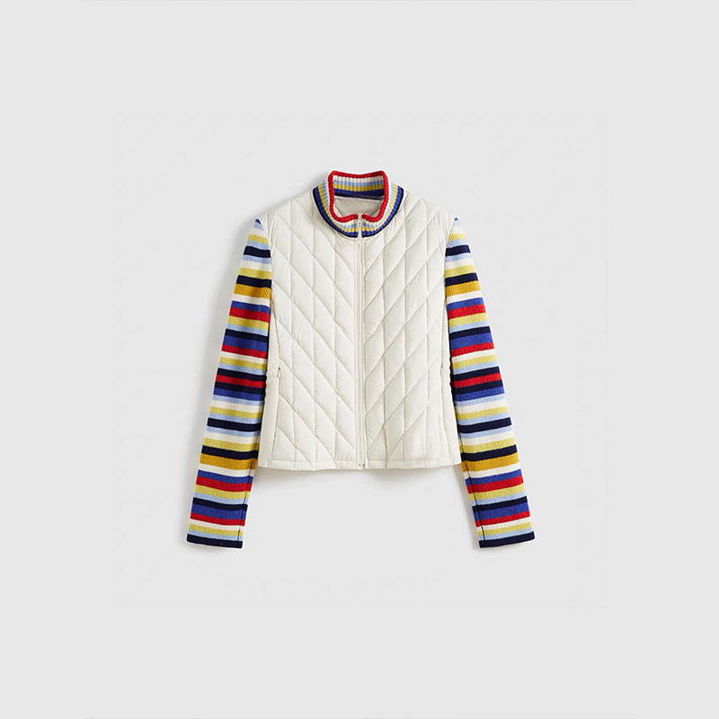 彩色条纹针织拼接夹棉滑雪夹克女冬轻盈保暖修身收腰短外套