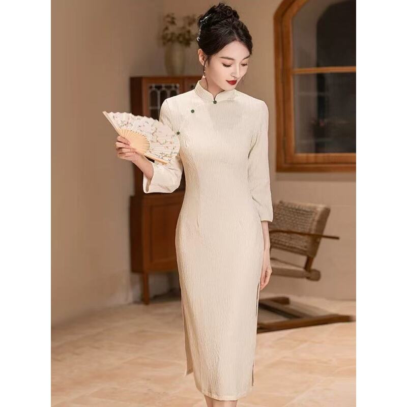364中式复古优雅白玉绉气质旗袍裙