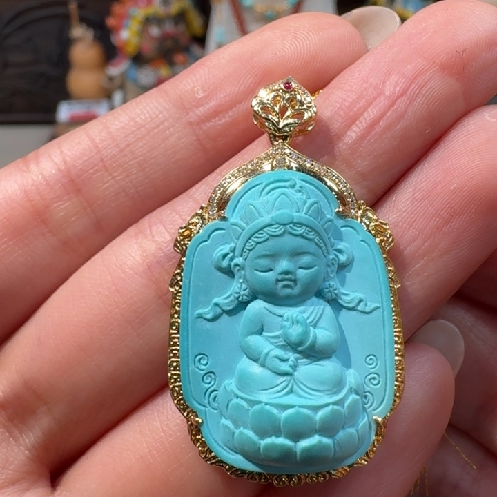 绿松石18K金镶嵌吊坠(不含链)度母