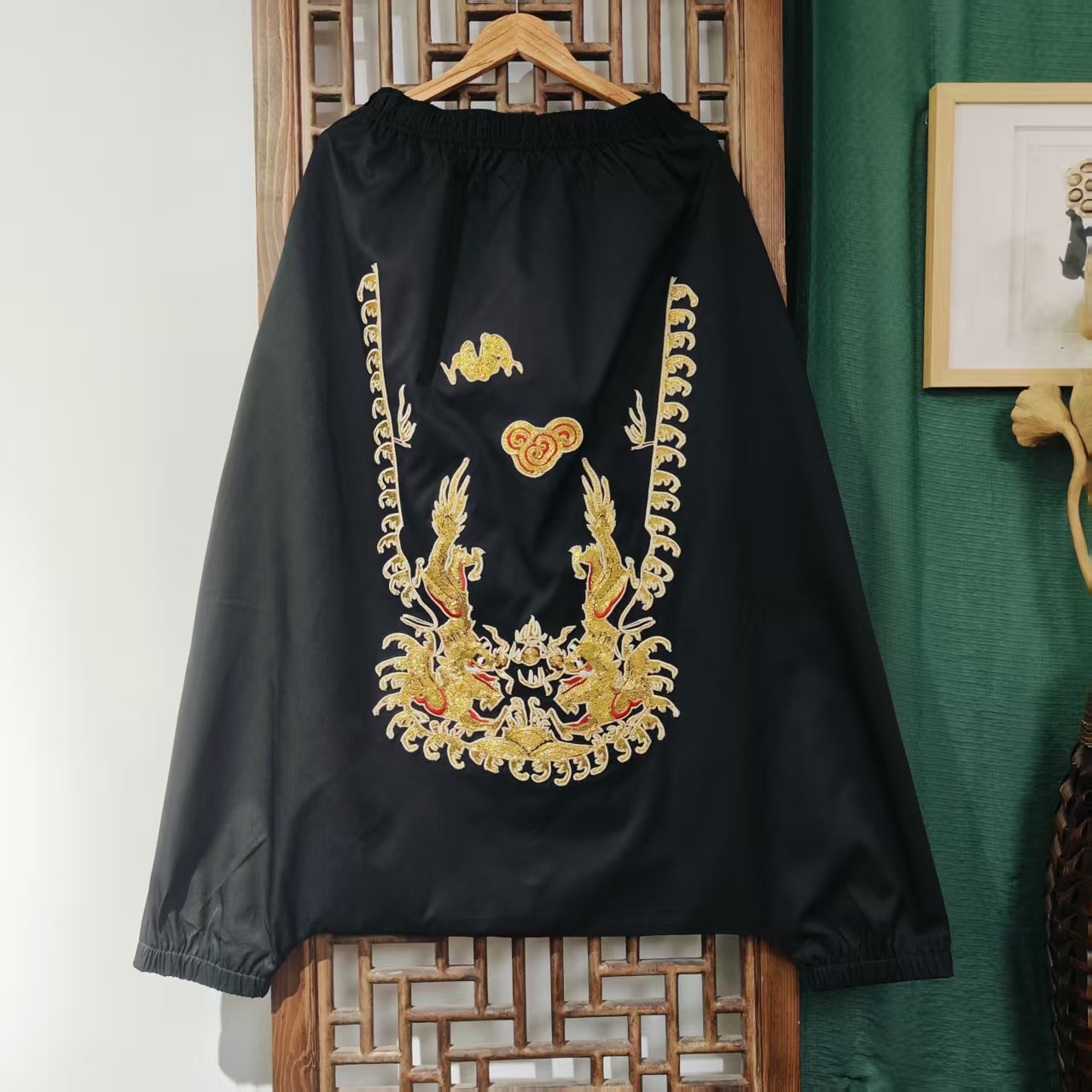 （LK150-21）凤徕兮定制黑色光板底盘金龙刺绣全松紧加衬垮裤  