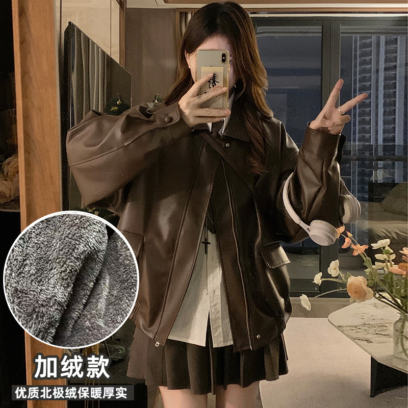 琥珀流光风加绒加厚女皮衣棉服短外套冬季情侣皮上衣