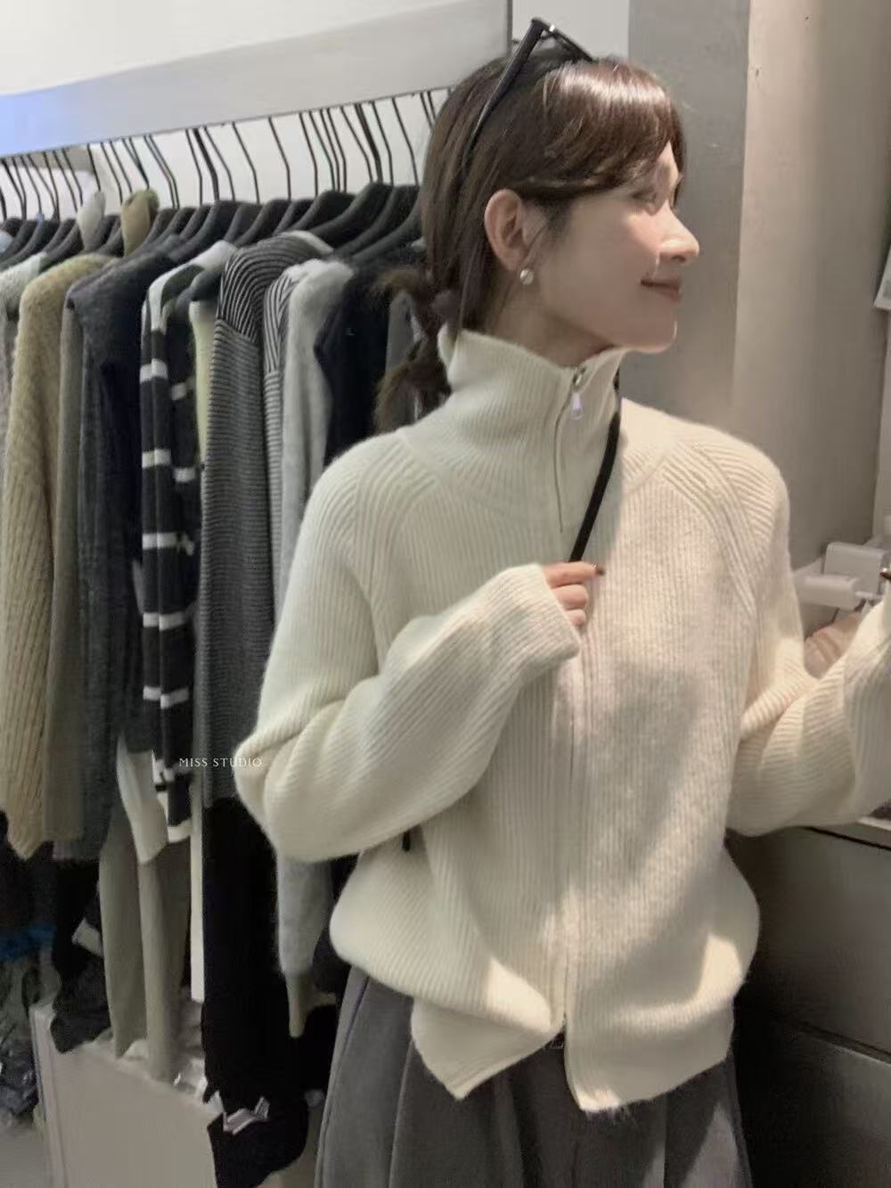 小亚推荐【实体品质】双拉链高领元宝针加厚毛衣开衫外套