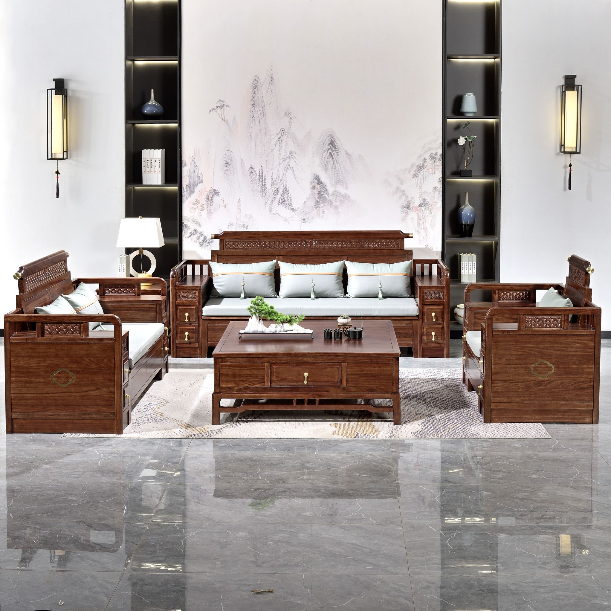 【113款】新古典乌金木实木沙发客厅高箱可翻盖储物带贵妃组合沙发