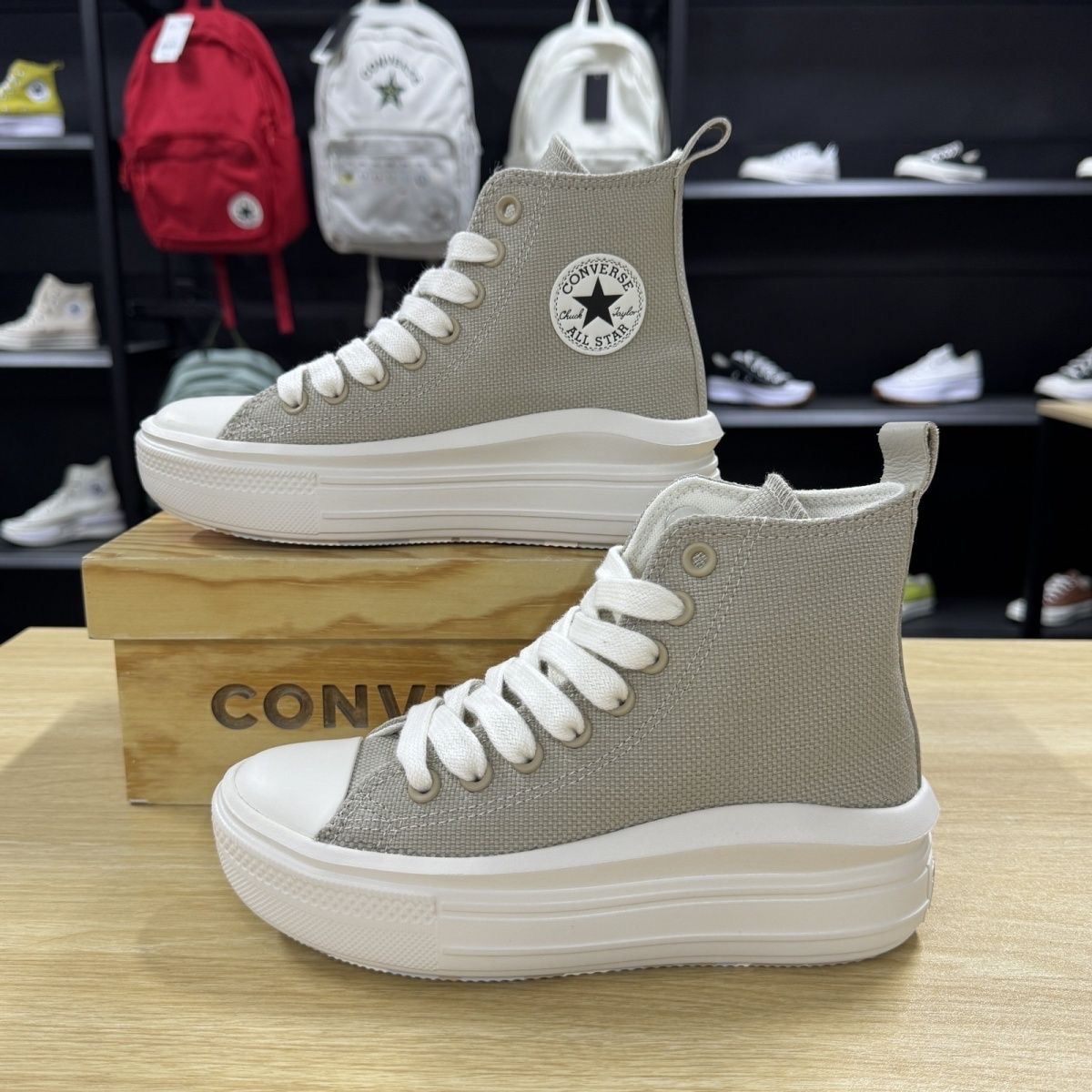 CONVERSE匡威AllStar卡其色棉麻质感女高帮云朵厚底帆布鞋A09100C