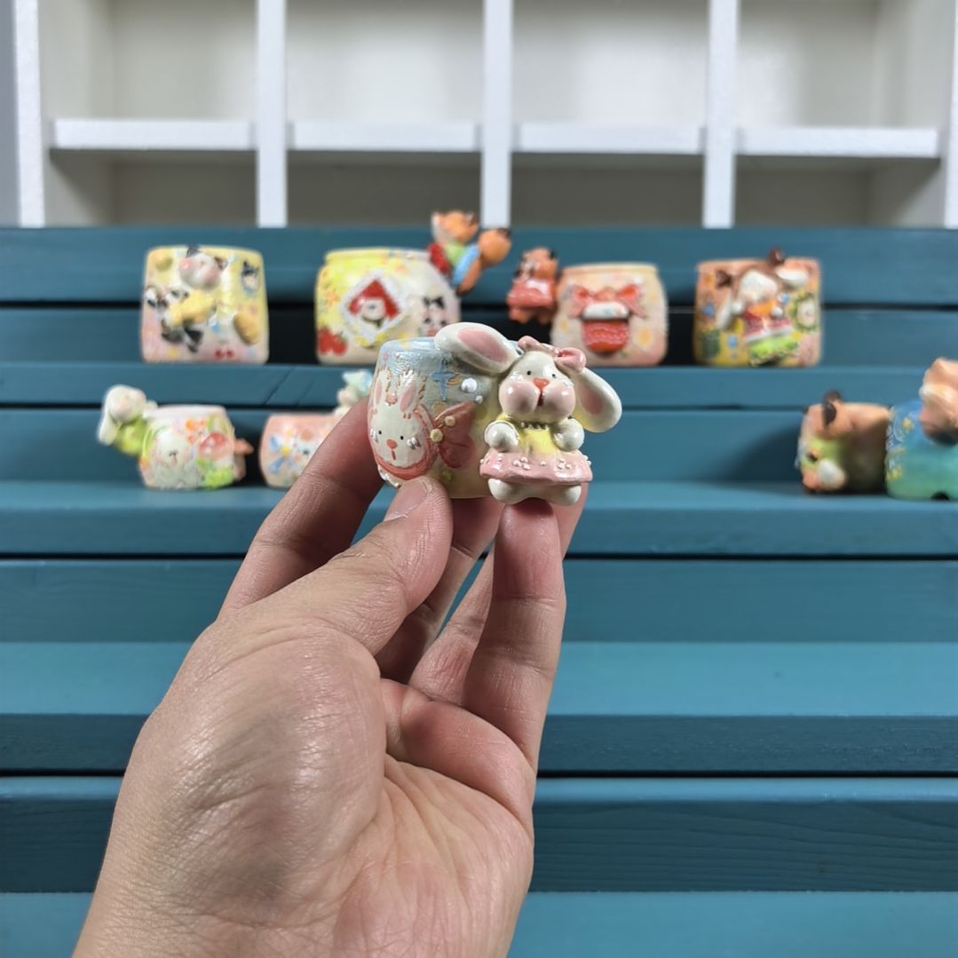 豆***叮粉裙子小兔 手绘多肉花盆