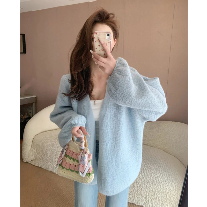 【2025年新款树皮纹工艺】泡泡袖短款外套春秋季春装针织开衫宽松