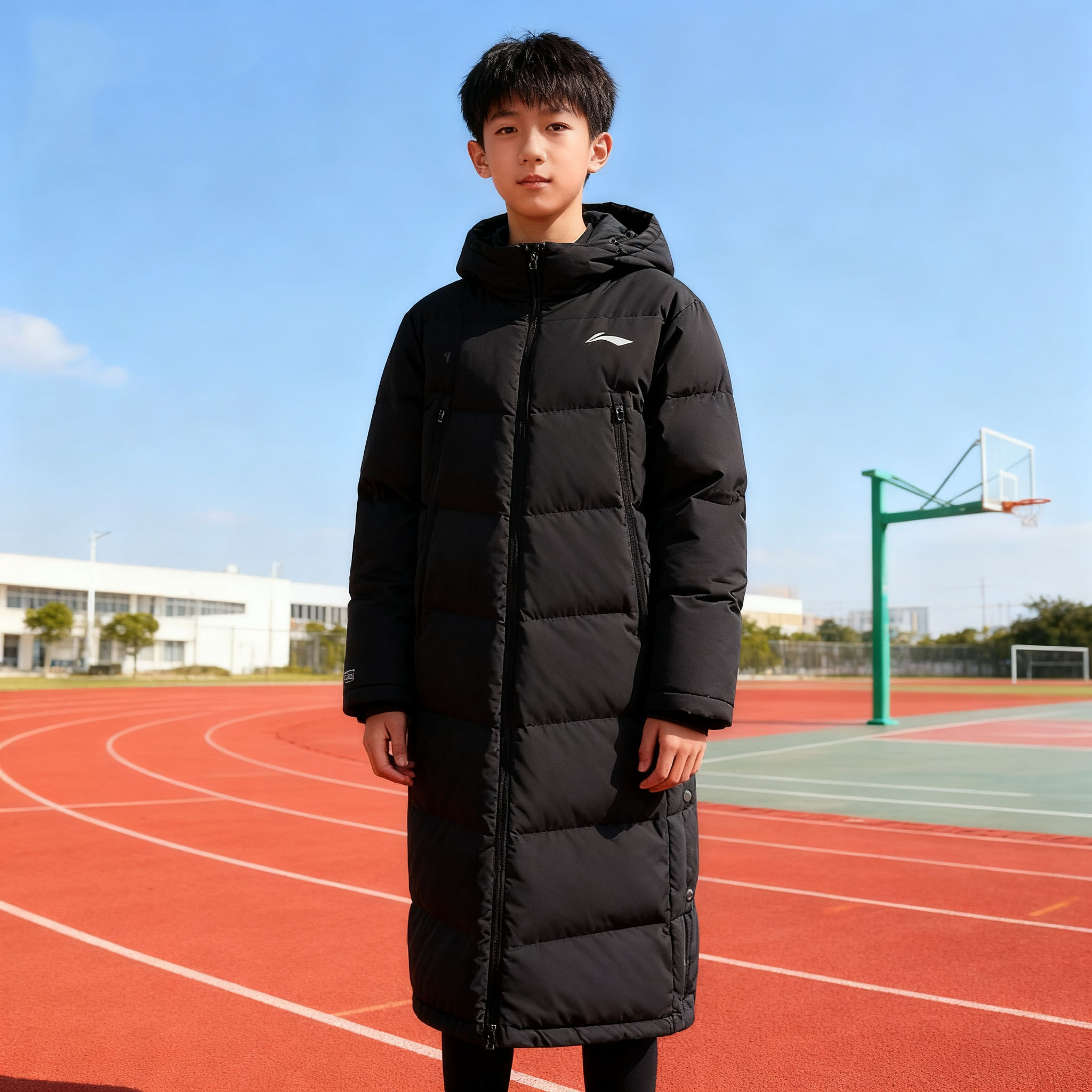 李宁专业篮球系列男女款中大童宽松保暖防风长连帽羽绒服YYMV171