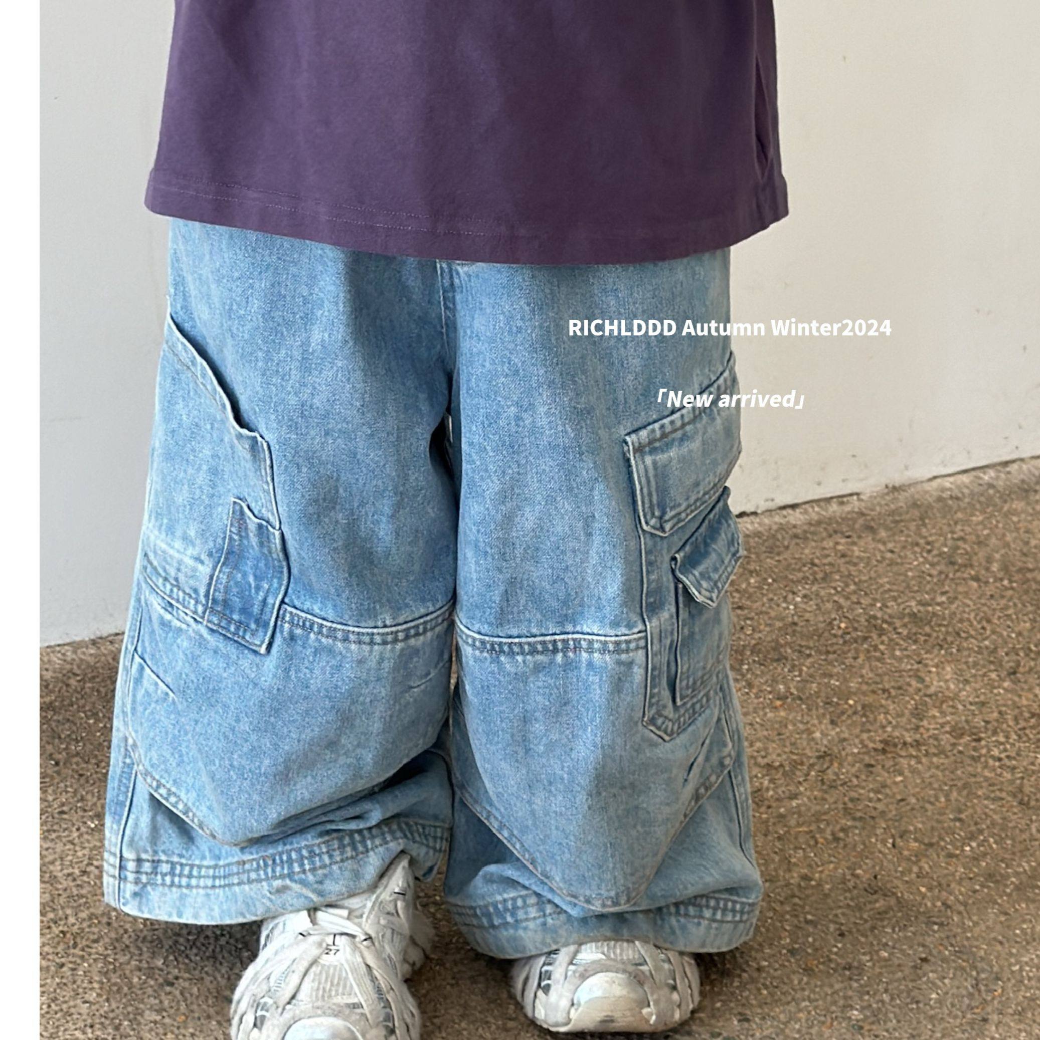 特价no退换【去野】春秋大口袋阔腿小众牛仔裤男女童1502