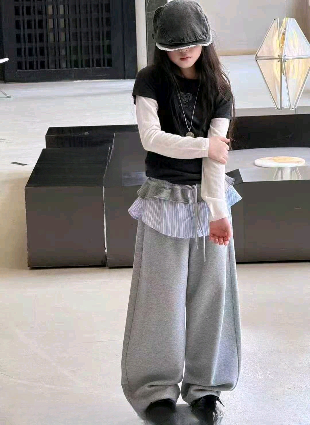 【秋季新品】女童弯刀裤条纹裙帘针织休闲裤中大童直筒长裤9908