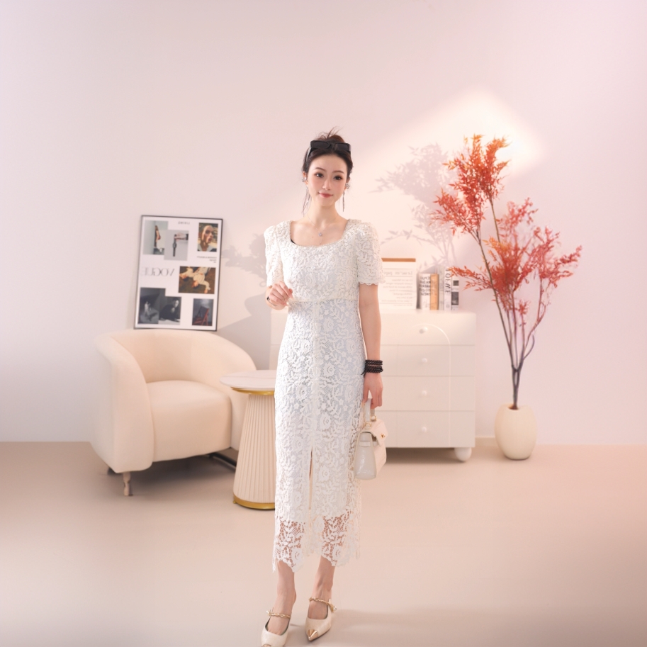 H185【朗】连衣裙收腰拉链短袖抹胸型时尚方领蕾丝夏季裙子白色