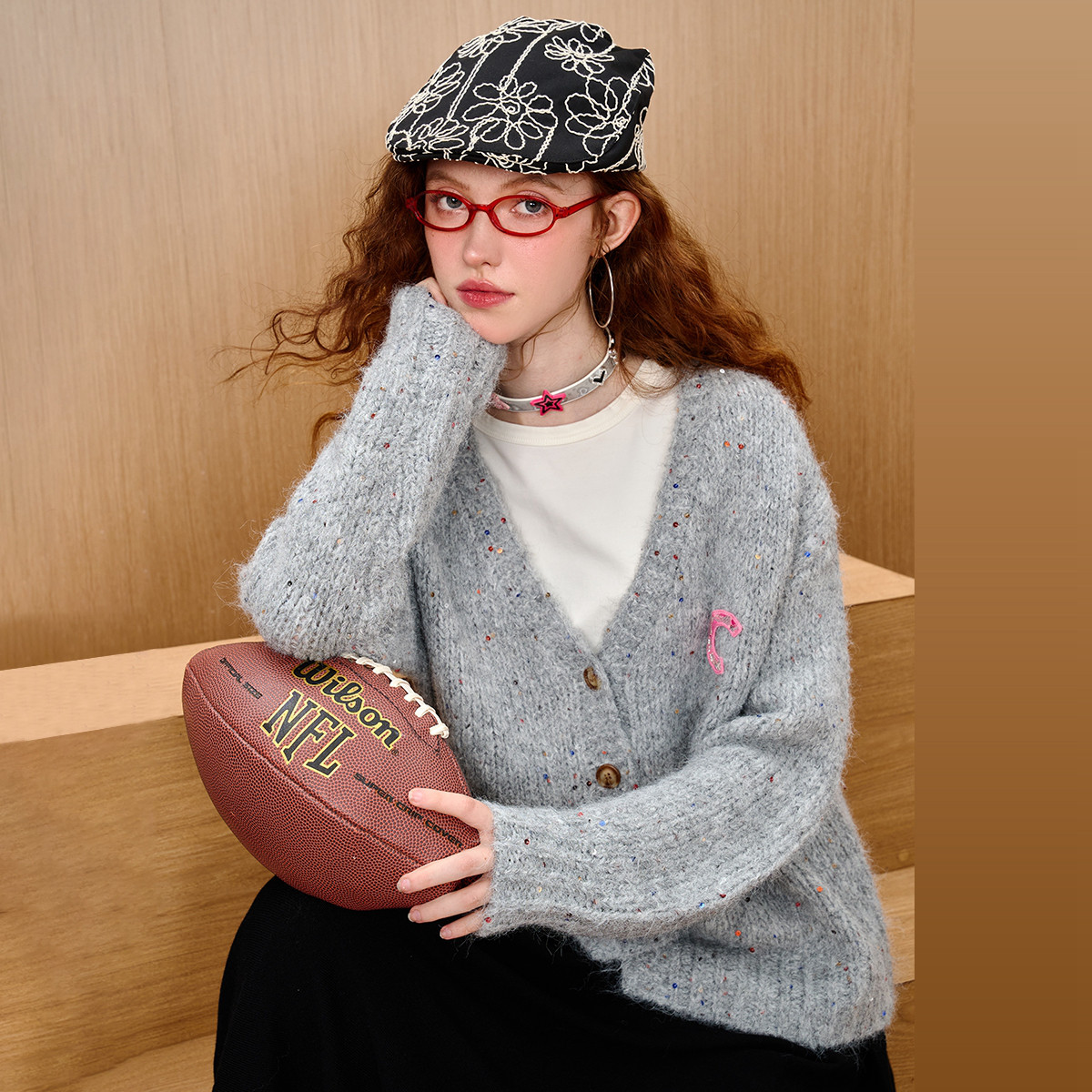 【云C专属】美式慵懒风亮片设计毛衣开衫软糯女式针织衫CLCZ0014