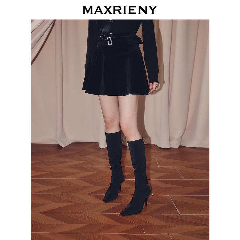【陈大可专属】MAXRIENY半裙高腰丝绒短裙25秋款黑色a字压褶