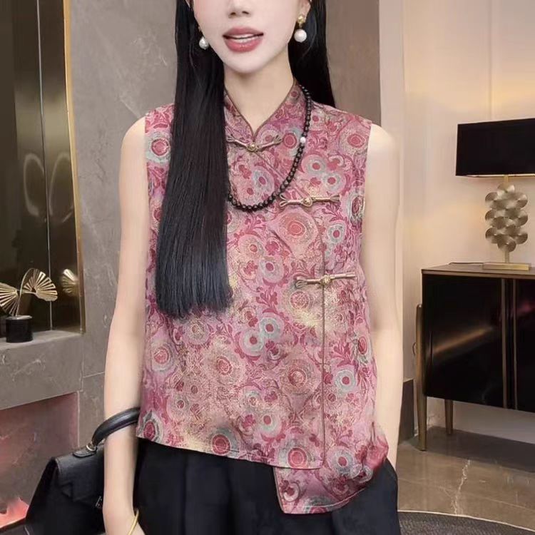 2025夏季新款新中式时尚不规则下摆无袖女装上衣薄款无袖立领开衫