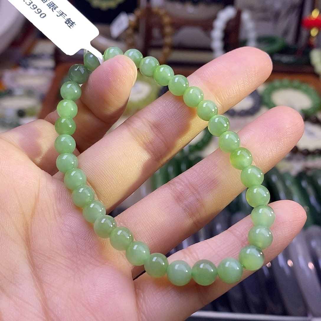 颈饰未镶嵌和田玉毕业级老坑料碧玉粉绿猫眼手链6m