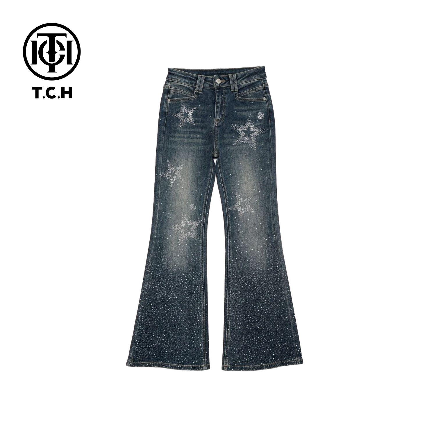TCH私服时尚高腰薄款微阔腿重工银钻星坠微喇牛仔裤T78A20E1010