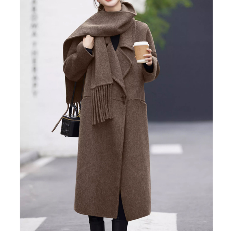 百搭羊绒羊毛双面呢围巾大衣女2025冬季新款中长款宽松气质呢外套
